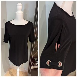 Susan Graver Women's Small Liquid Knit Slit Short Sleeve Grommets Top Black 74